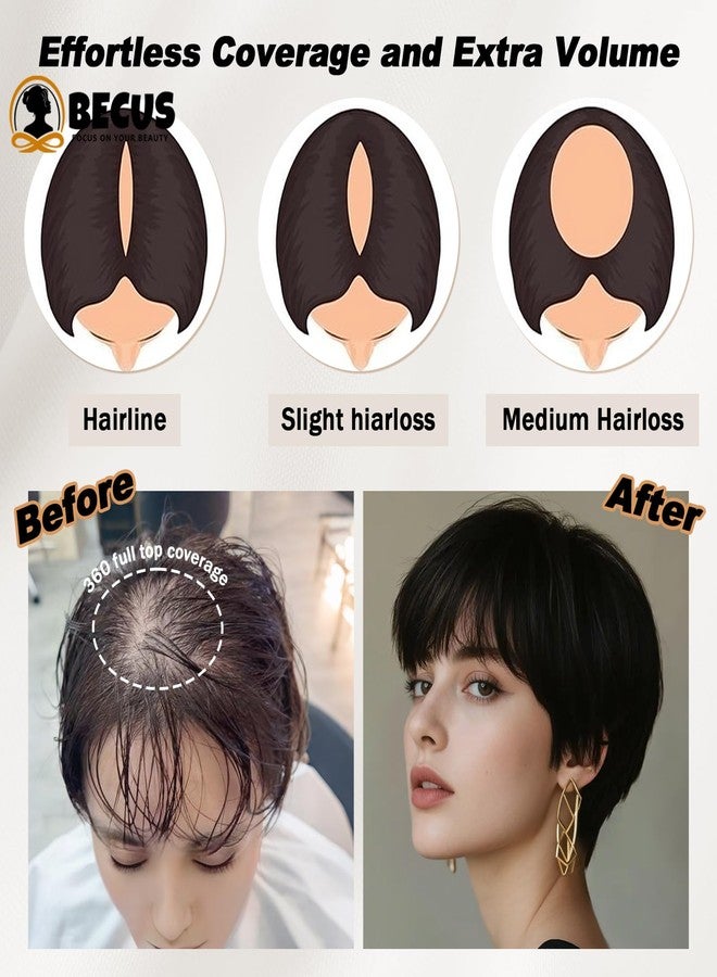 BECUS Pixie Cut Hair Toppers for Women with Bangs, Clip-On Hairpieces, Wig Toppers for Thinning Hair, Synthetic Black Hairs Pieces for Black Women, Daily Use (Black) - Image 5